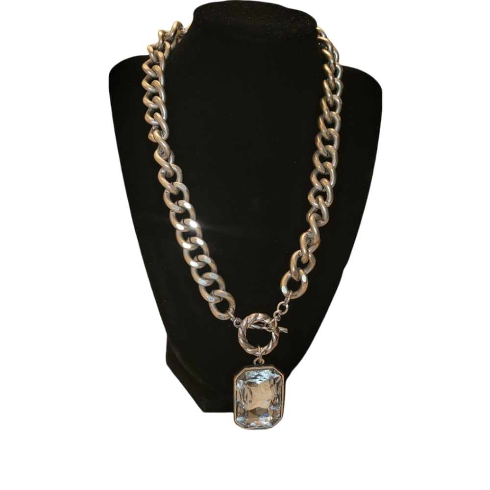 Vintage Oversized Silver Chain with Oversized Diamond Pendant